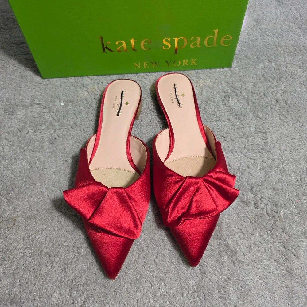 Kate Spade‎ Faryn Red Satin Bow Mules Flats Women's 8.5 M Christmas Shoes NEW
